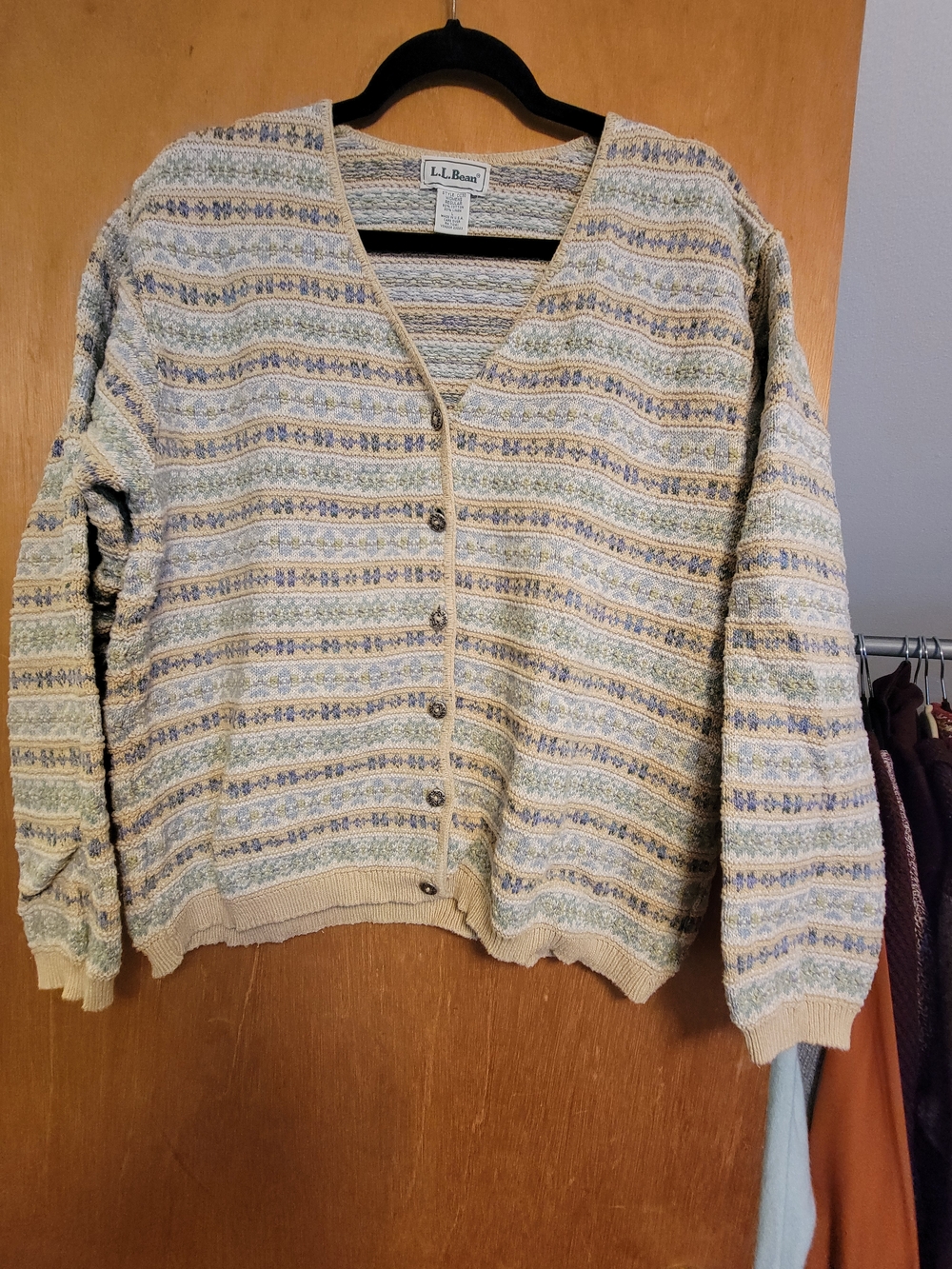 L.L. Bean Women's Multicolor Striped Button Cardigan Sweater - Cream & Pastel
